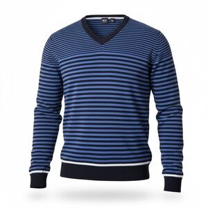 Hugo Boss Maccio Slim Fit Merino Wool Striped V-neck Sweater Mens XL Blue Black